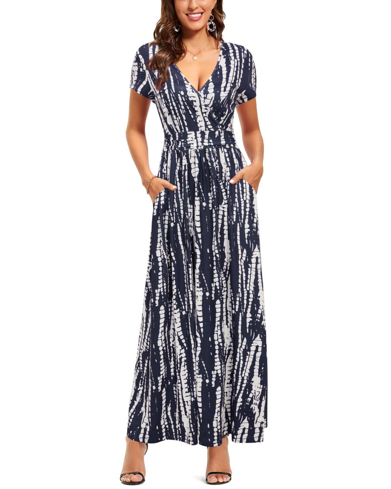 OUGES Women's V-Neck Pattern Pocket Maxi Long Dress(Floral-26,M) - Image 1